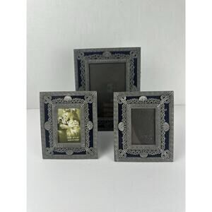 Vintage Art Nouveau Pewter And Blue Felt Portrait Photo Frames Set Of 3